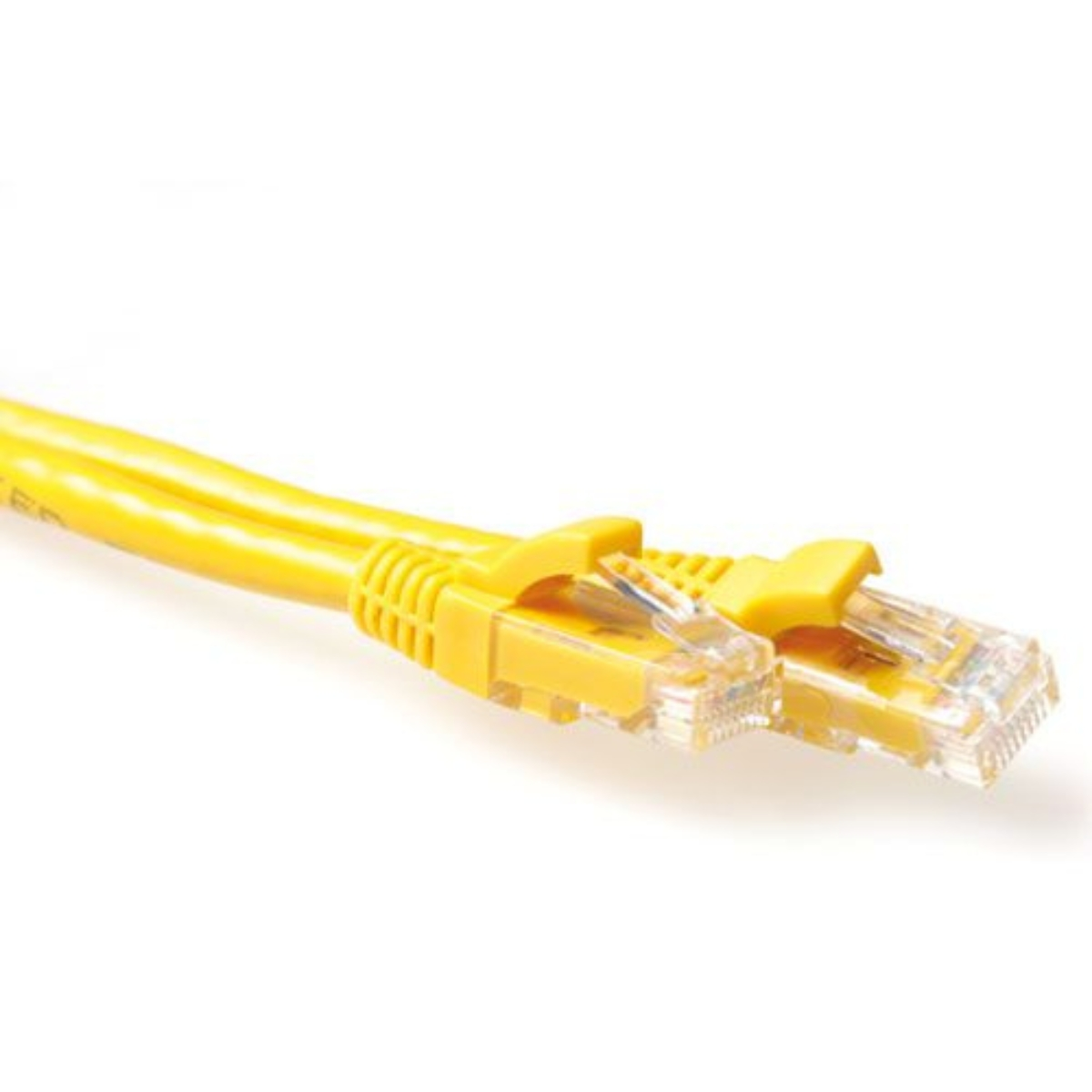 Zwei gelbe RJ45-Netzwerkkabel mit transparenten Steckern auf weißem Hintergrund.