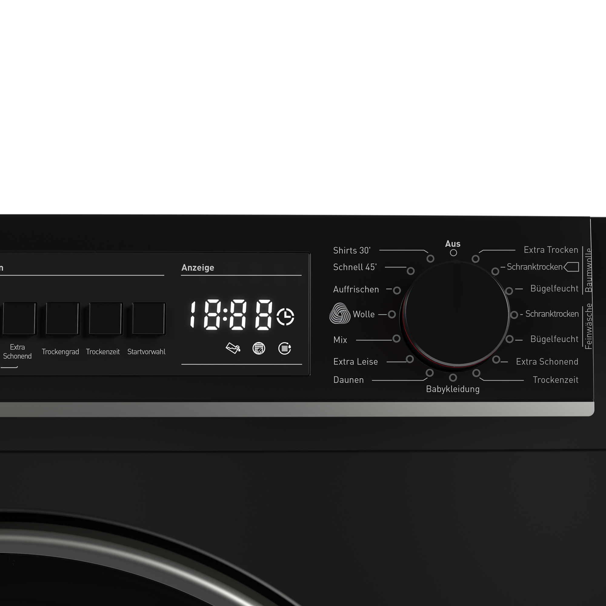 Schwarzes Waschmaschinen-Panel mit Display und Knöpfen. Das Display zeigt 18:08.
