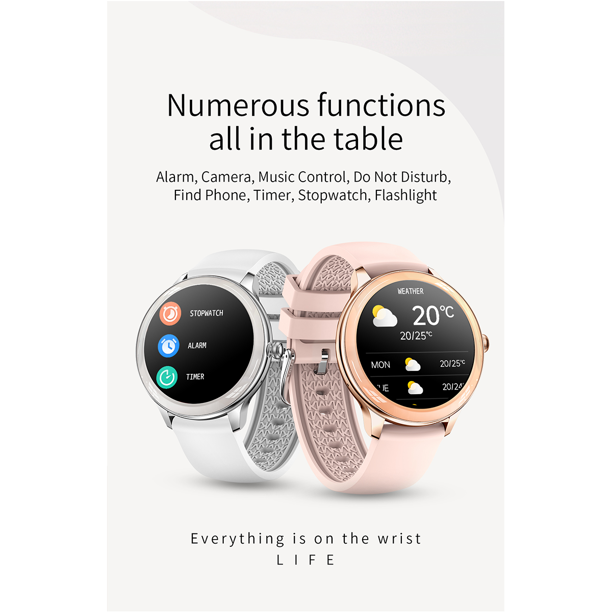 Zwei Smartwatches mit verschiedenen Funktionen wie Wecker, Timer und Wetteranzeige.