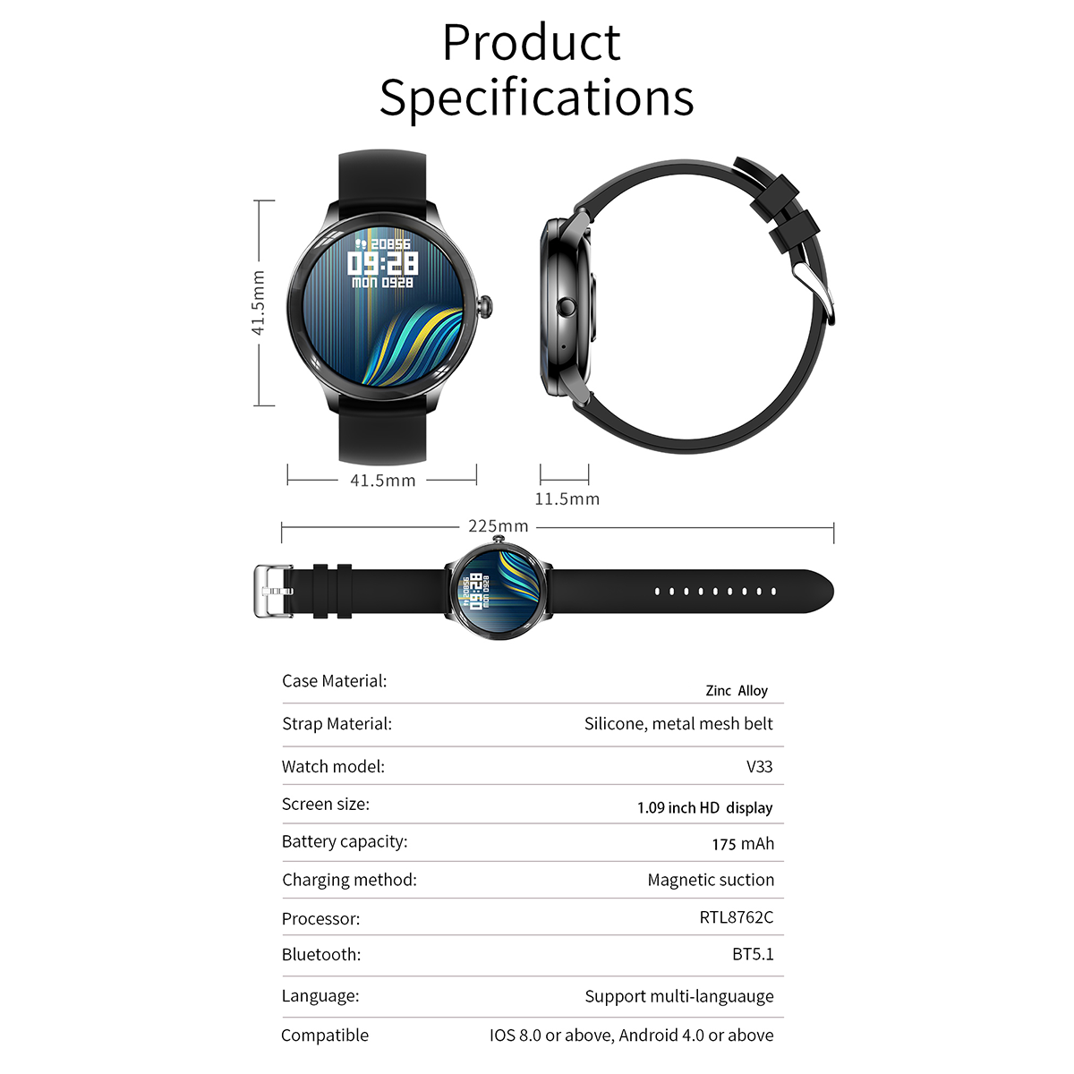 Eine schwarze Smartwatch mit Spezifikationen, einschließlich Bildschirmgröße, Akku und Abmessungen.
