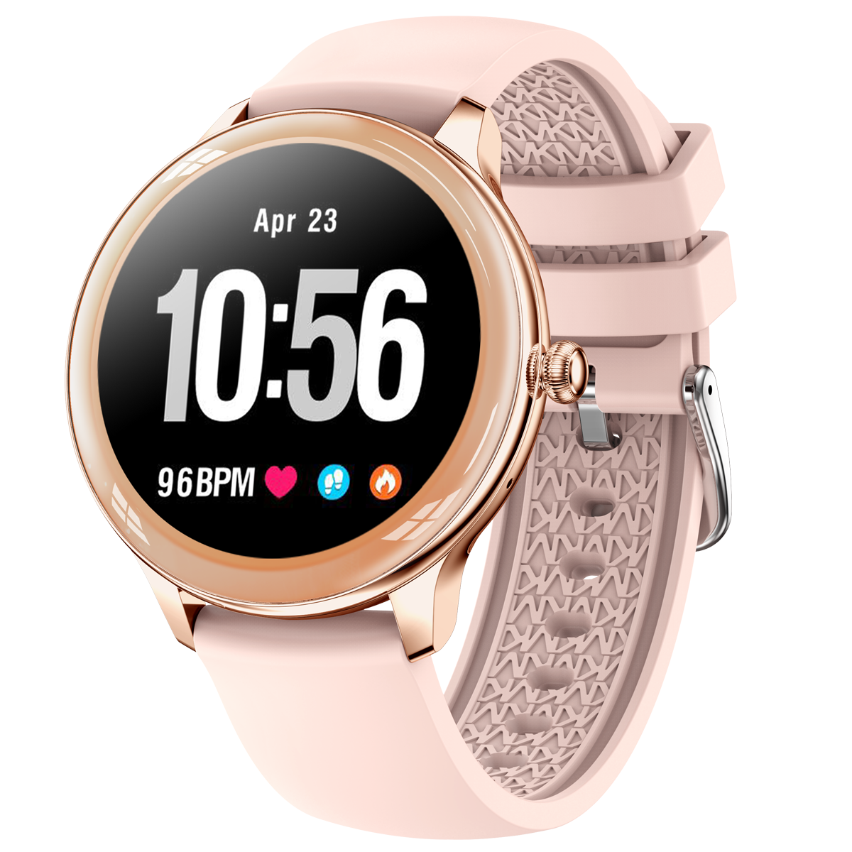 Rosafarbene Smartwatch mit goldener Lünette, zeigt Zeit und Herzfrequenz. Weißer Hintergrund.