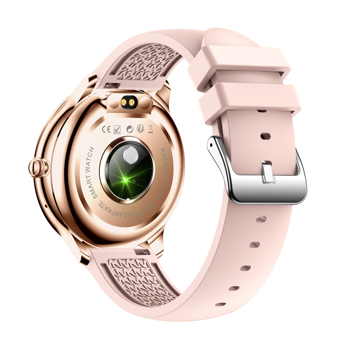 Smartwatch, Rückansicht, rosa Armband, zeigt den Herzfrequenzsensor.