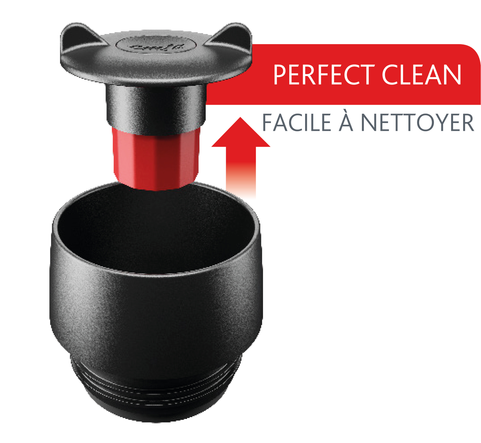 Schwarze Behälterteile, rotes Innenteil, Text „Perfect Clean“.