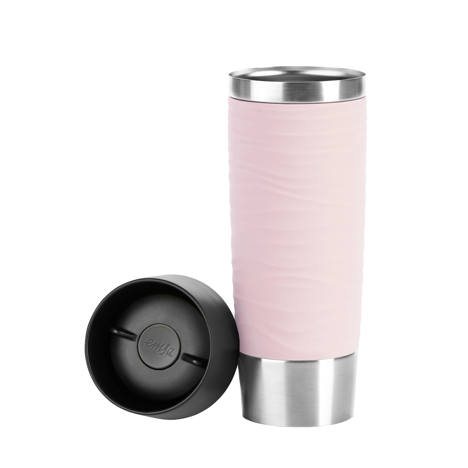 Rosa und silberner Reisebecher mit Deckel. Der Becher ist rosa, mit silbernem Boden und Deckel.