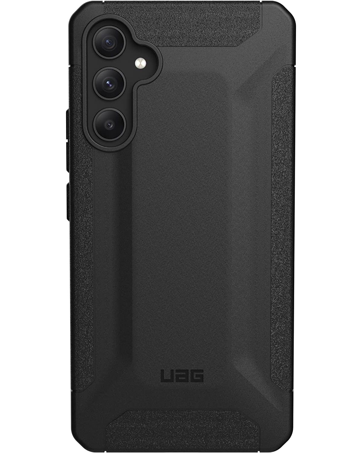 A black phone case with a textured back and three camera cutouts.