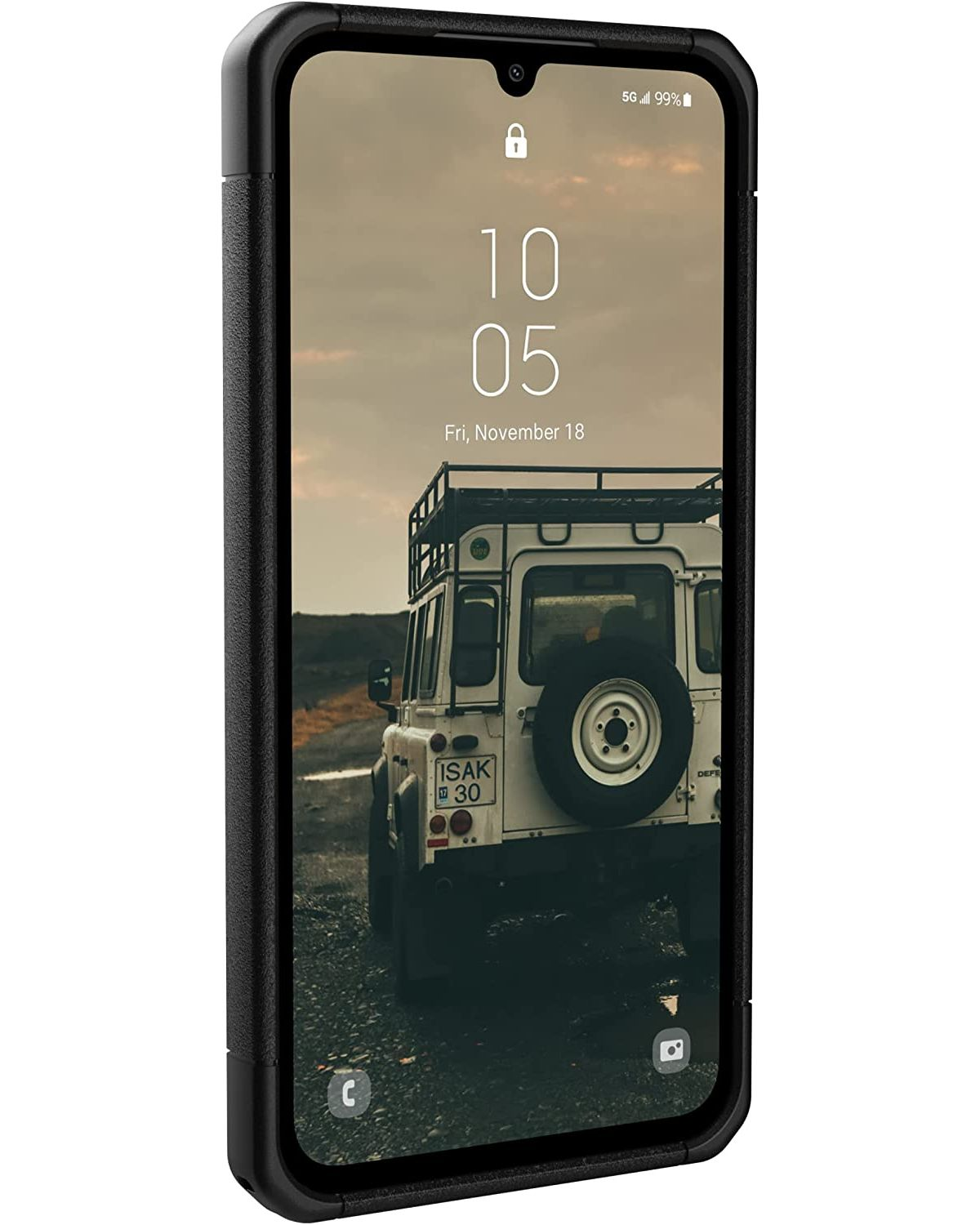 Black smartphone displaying a lock screen with date, time, and a car in the background.