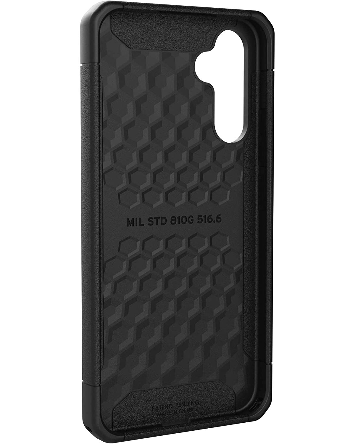 Black phone case interior with a geometric pattern. 