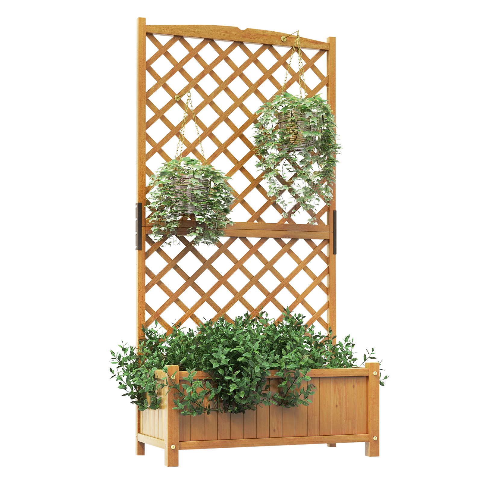 Holzspalier mit Pflanzen in einem Pflanzkasten und Hängekörben.