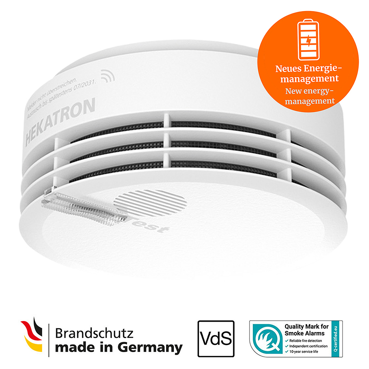 Weißer Rauchmelder mit der Marke 'HEKATRON' und dem Text 'Made in Germany'. Ein Kreis gibt neues Energiemanagement an.