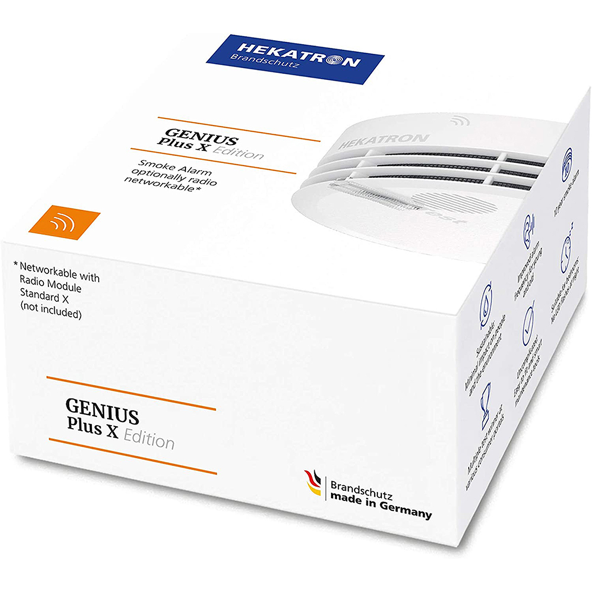 Weiße Box mit Rauchmelder, Text 'GENIUS Plus X Edition' und Logo. Hergestellt in Deutschland.