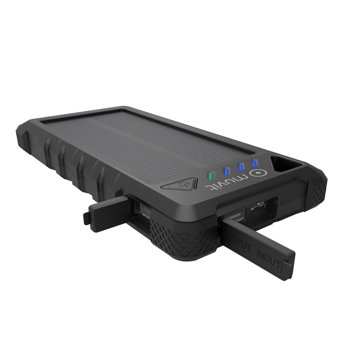 Batería externa con panel solar negro con puertos entrada/salida e indicador de carga.