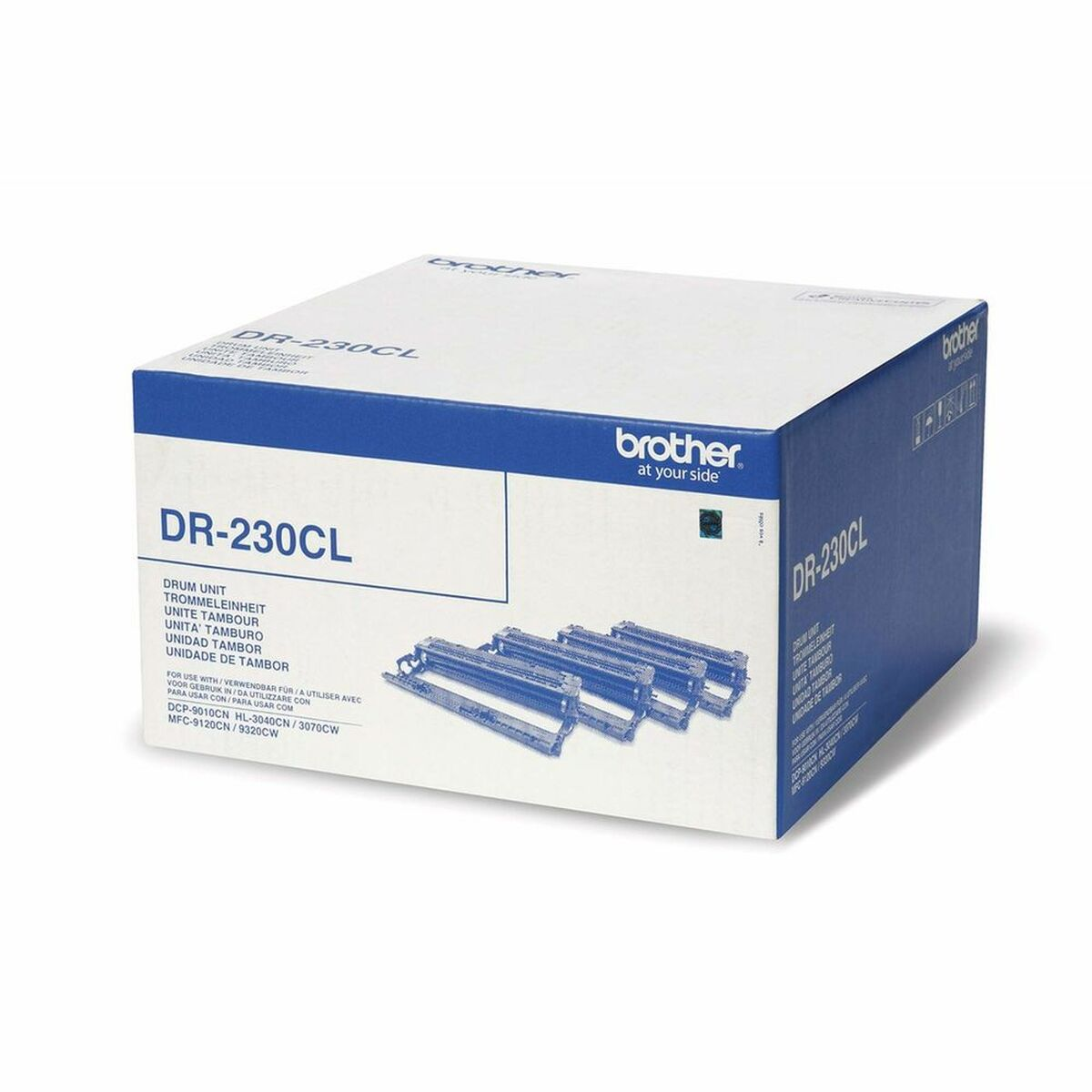 Una scatola di unità tamburo DR-230CL per stampanti Brother viene visualizzata, con un design blu e bianco.
