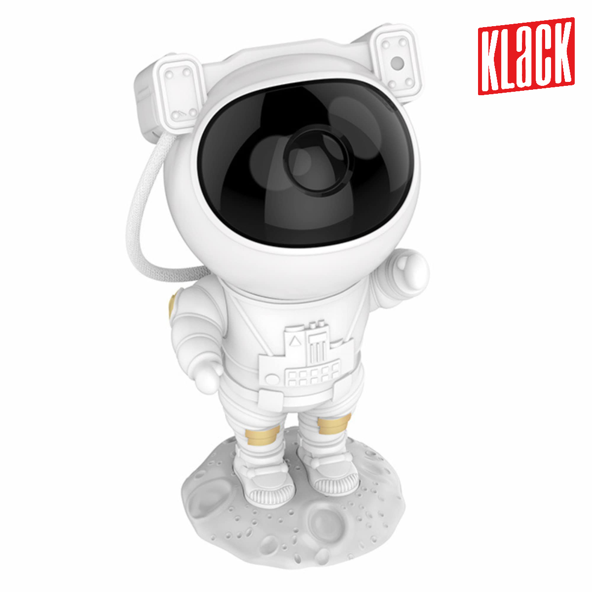 Un proyector blanco con forma de astronauta con la palabra KLACK en rojo.