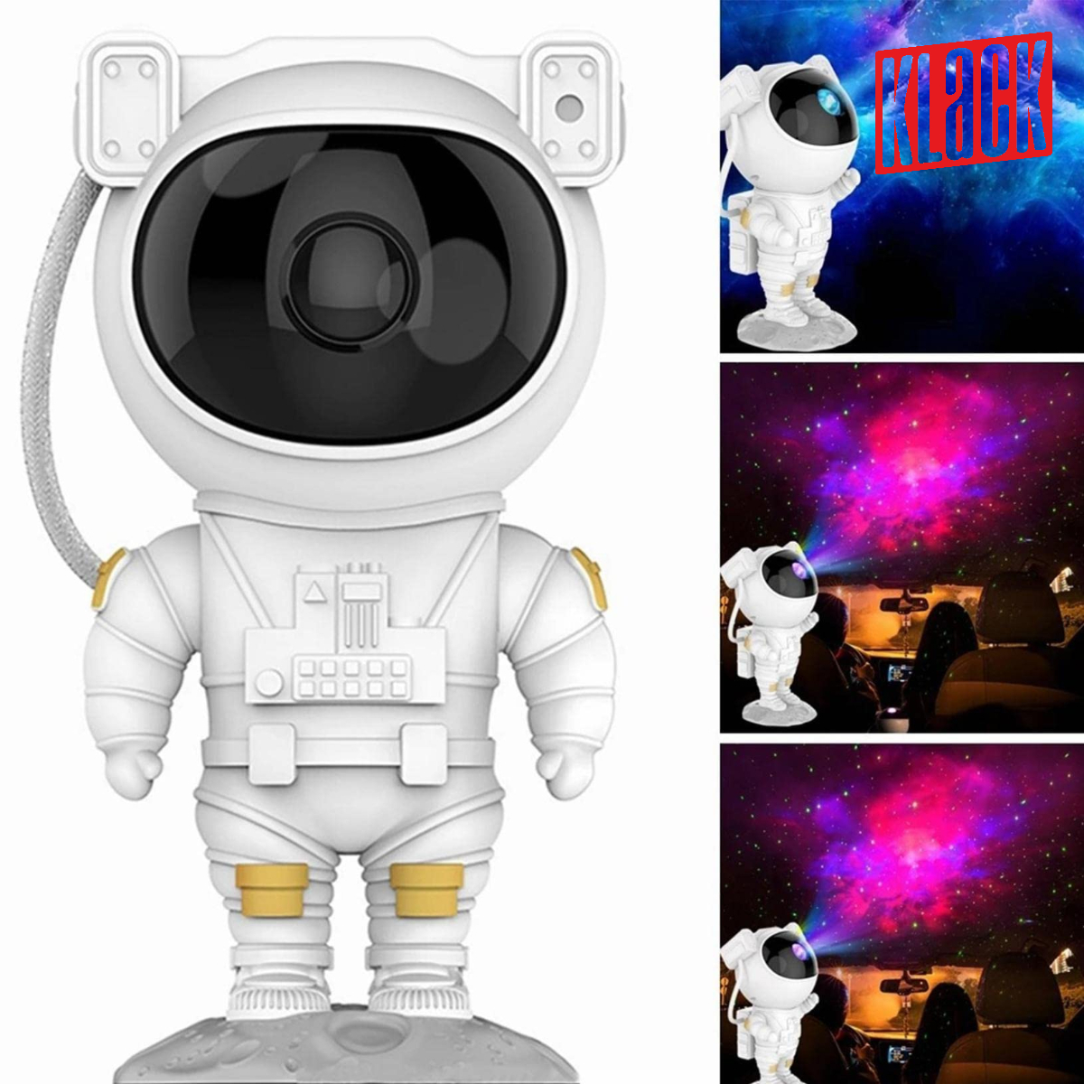 Proyector blanco con forma de astronauta. Proyecta escenas de galaxias coloridas. Ejemplos.