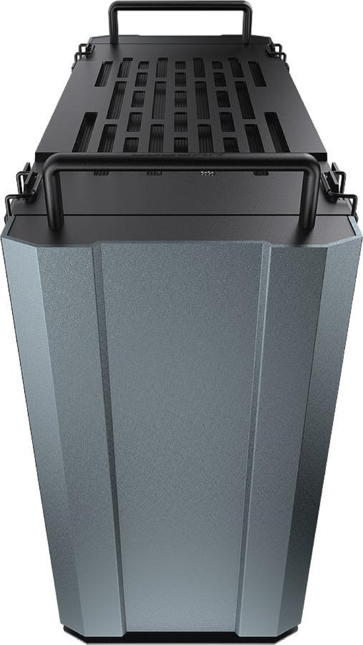 Case PC nero con maniglia e ventilazione. Design geometrico con colori grigio scuro e nero.