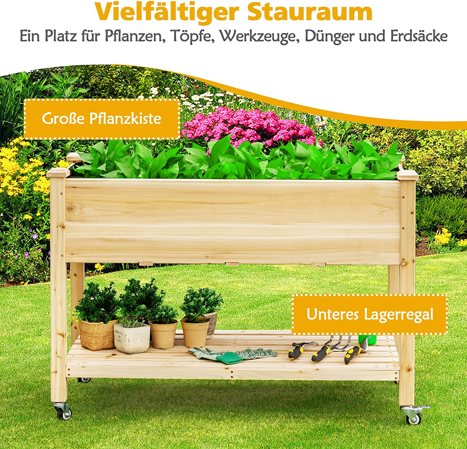 Erhöhtes Gartenbeet auf Rädern, mit Pflanzen und Werkzeugen. Text: Vielseitiger Stauraum.