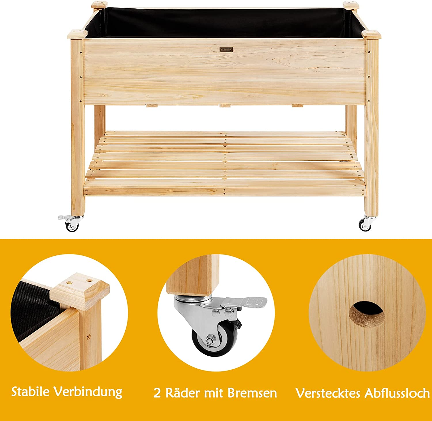 Erhöhtes Gartenbeet aus Holz mit Details zu Rädern, Abflussloch und stabiler Verbindung.