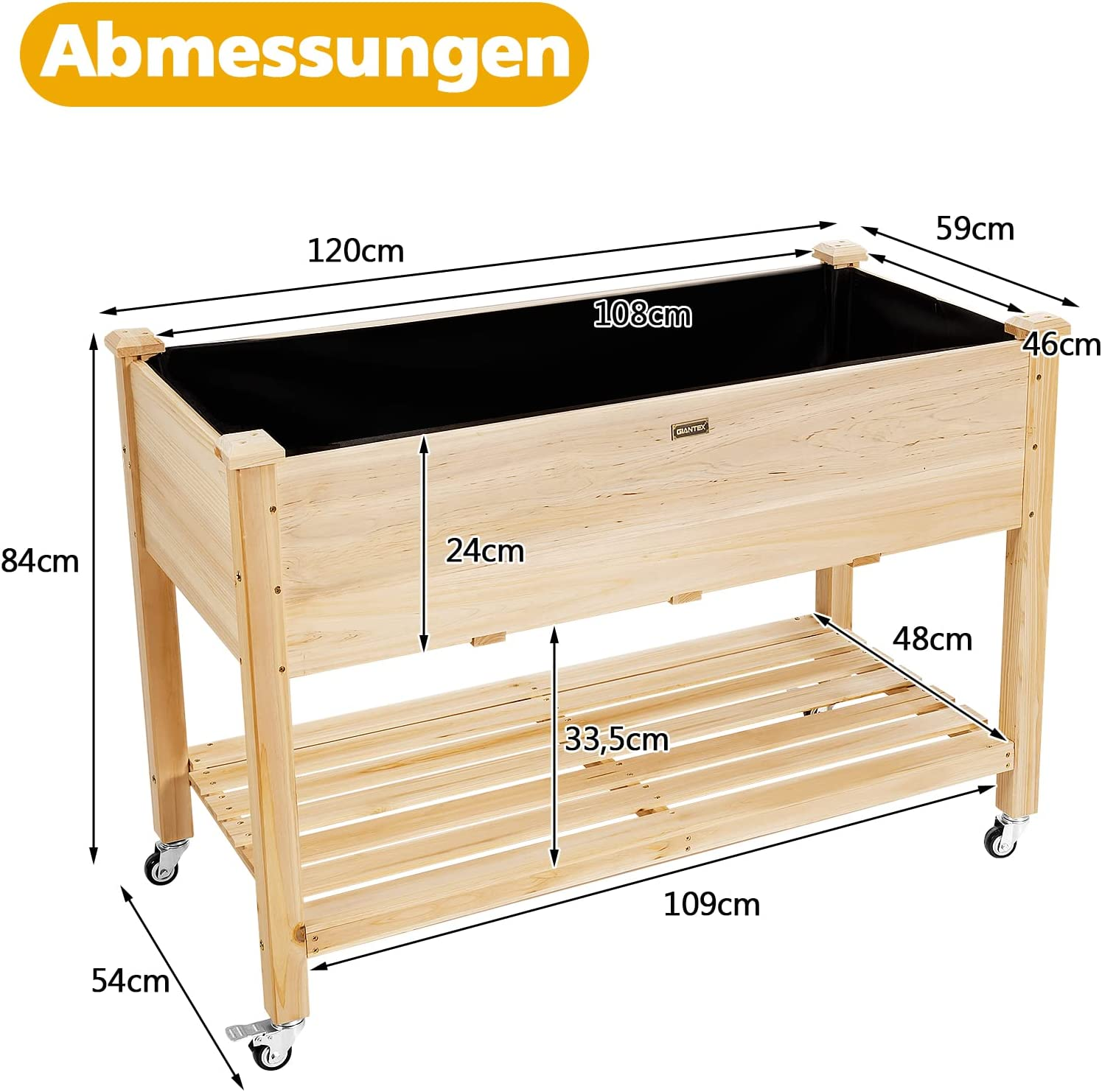 Ein erhöhter Gartenbeet aus Holz mit beschrifteten Abmessungen. Es hat ein Regal und ist auf Rädern. Das Beet ist leer.