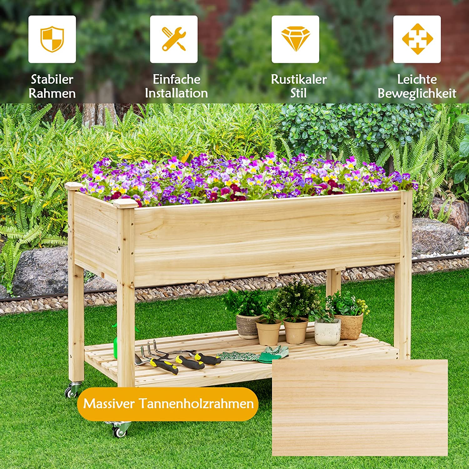 Erhöhtes Gartenbeet aus Holz auf Rädern, mit Blumen, Pflanzen und Werkzeugen. Text unten.