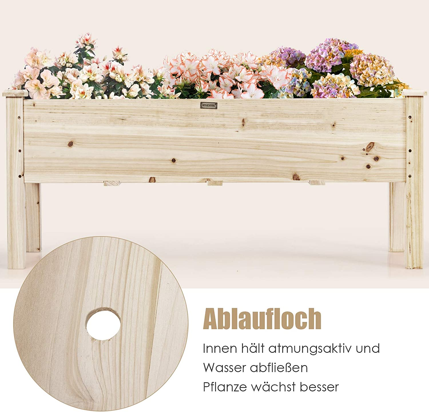 Holzpflanzkasten mit Blumen gefüllt. Eine Nahaufnahme zeigt ein Abzugsloch.