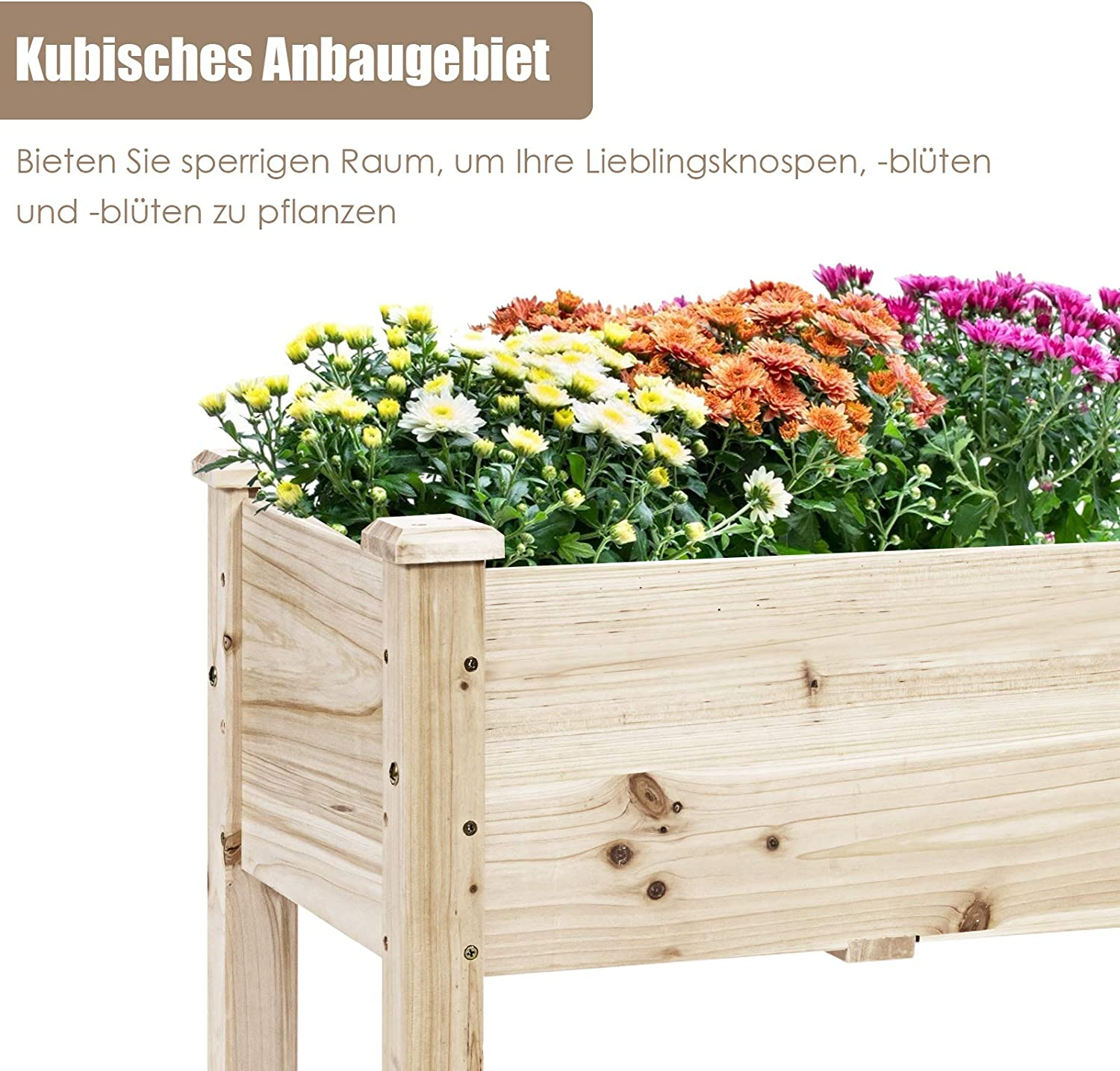 Holz-Pflanzkasten mit bunten Blumen, zeigt einen Blumengarten.