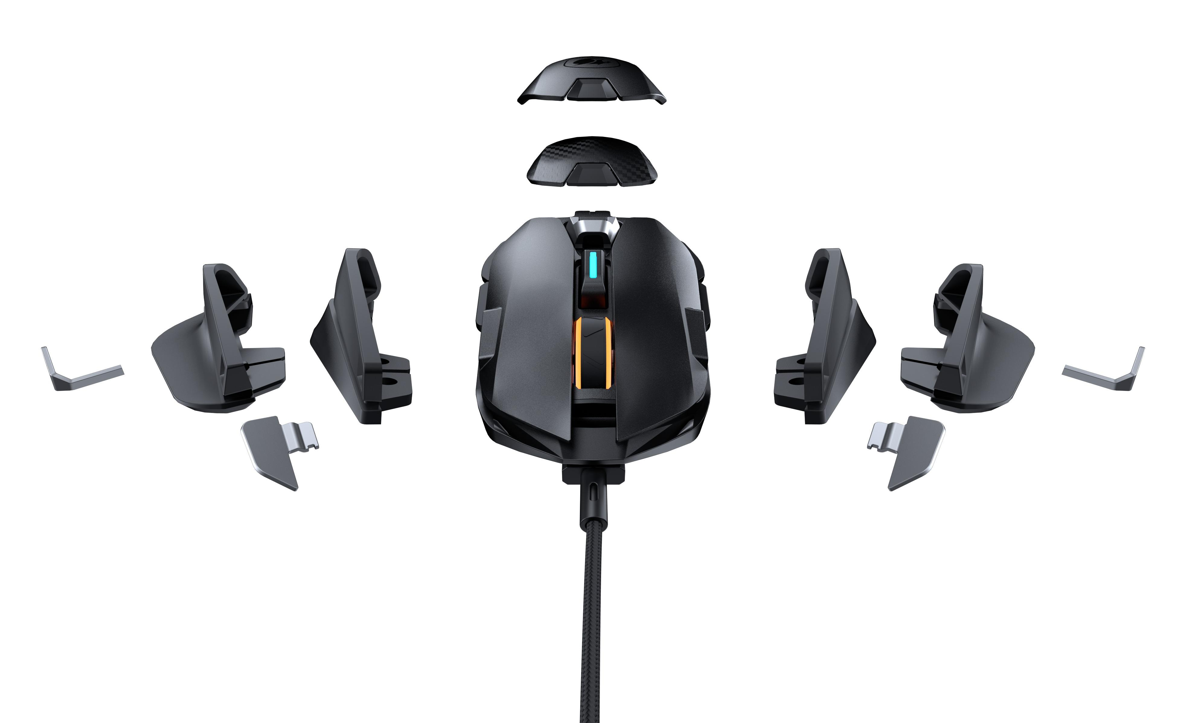 Widok rozłożony czarnej myszy do gier z odłączanymi częściami i kablem.