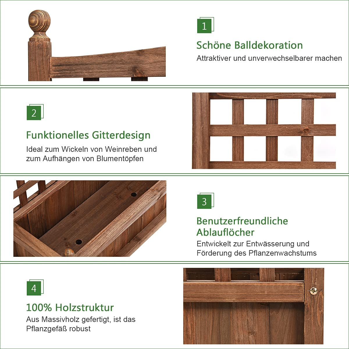 Vier Bilder, die Teile eines hölzernen Pflanzkastens mit Textbeschreibungen zeigen.