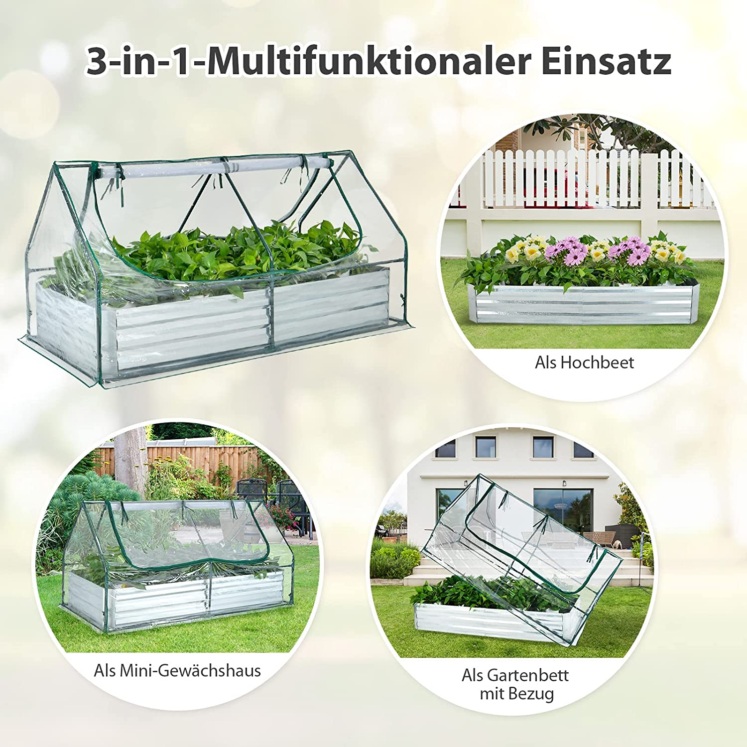 Ein Gewächshaus mit mehreren Verwendungszwecken: Mini-Gewächshaus, Hochbeet und Gartenbeet mit Abdeckung.