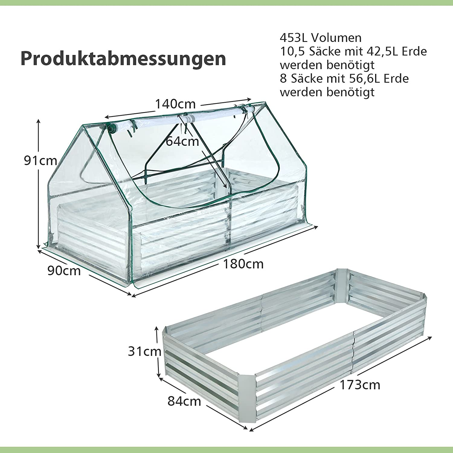 Eine Zeichnung eines Gewächshauses und eines Hochbeets, mit Bemaßungen in cm.