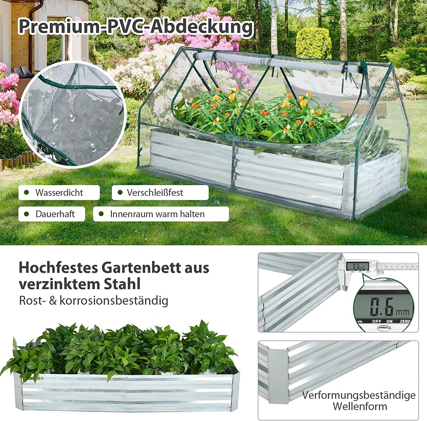 Erhöhtes Gartenbeet mit durchsichtigem Kunststoffdach, mit Text und Maßen.