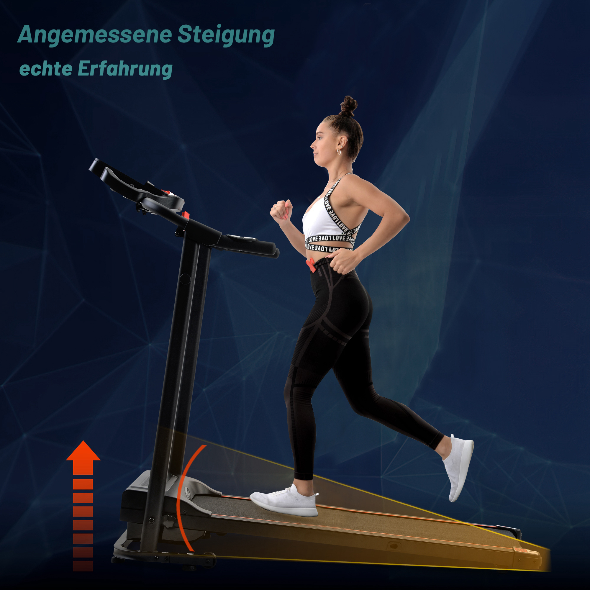 Eine Frau, die auf einem Laufband mit einem Gradienten-Hintergrund läuft.