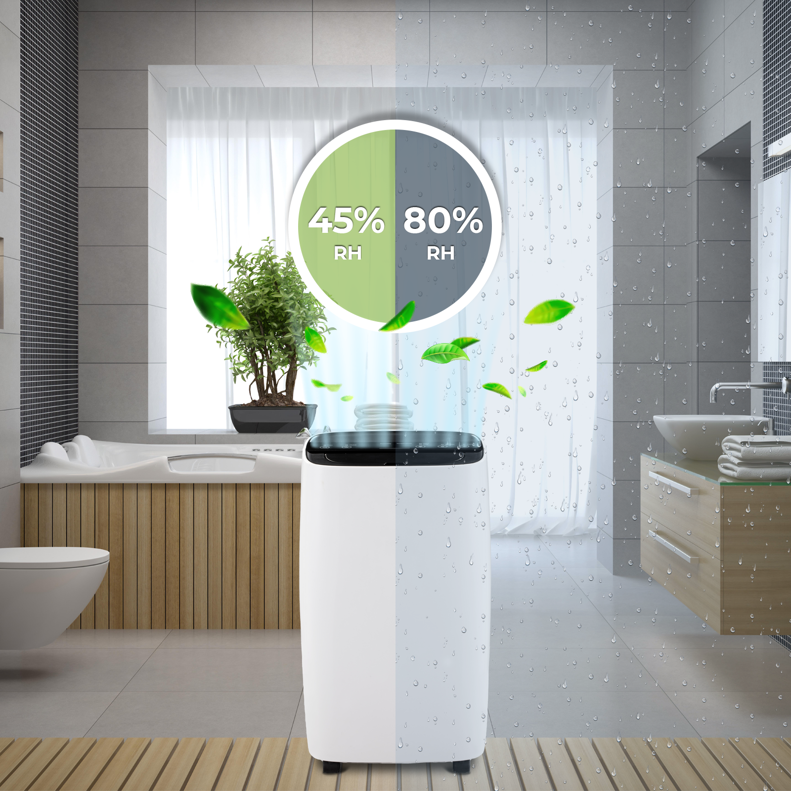 Ein weißer Luftentfeuchter in einem Badezimmer. Ein Display zeigt 45% und 80% RH. Blätter schweben herum.
