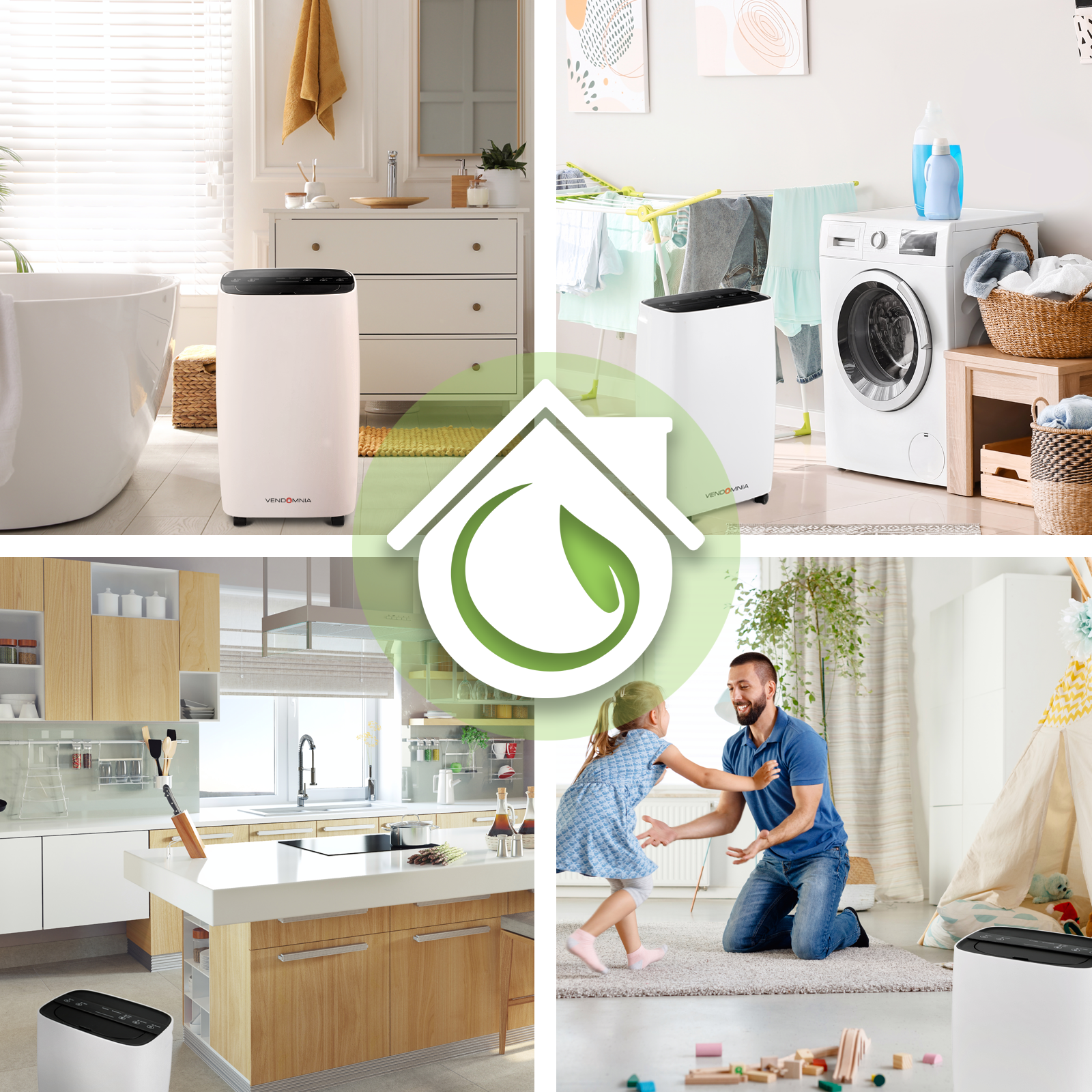 Collage: Badezimmer, Waschküche, Küche und Wohnzimmer. Jede Szene enthält einen Luftentfeuchter.