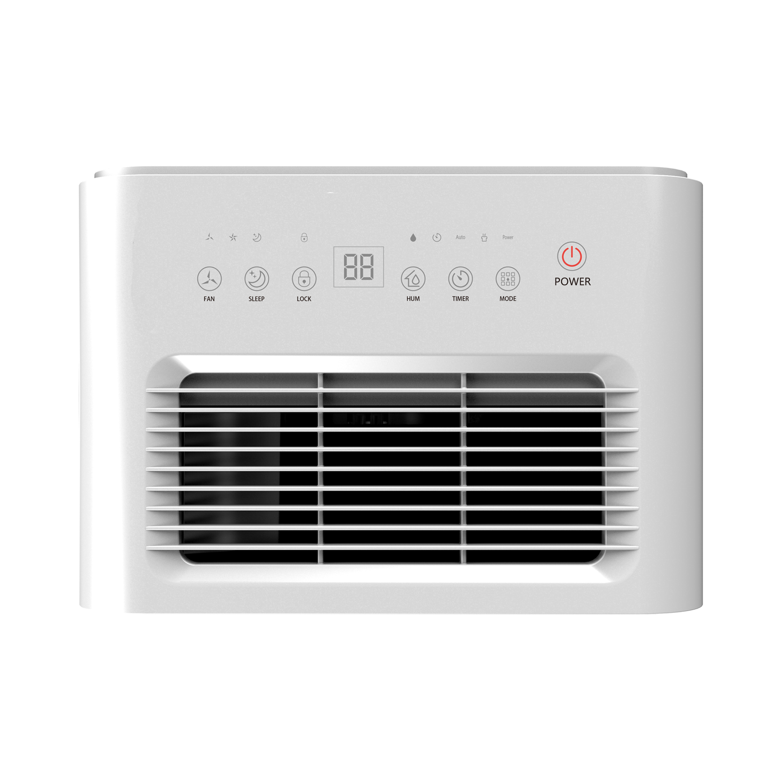 Ein weißer Luftreiniger mit Tasten für Lüfter, Schlaf, Verriegelung, Timer, Modus und Strom.