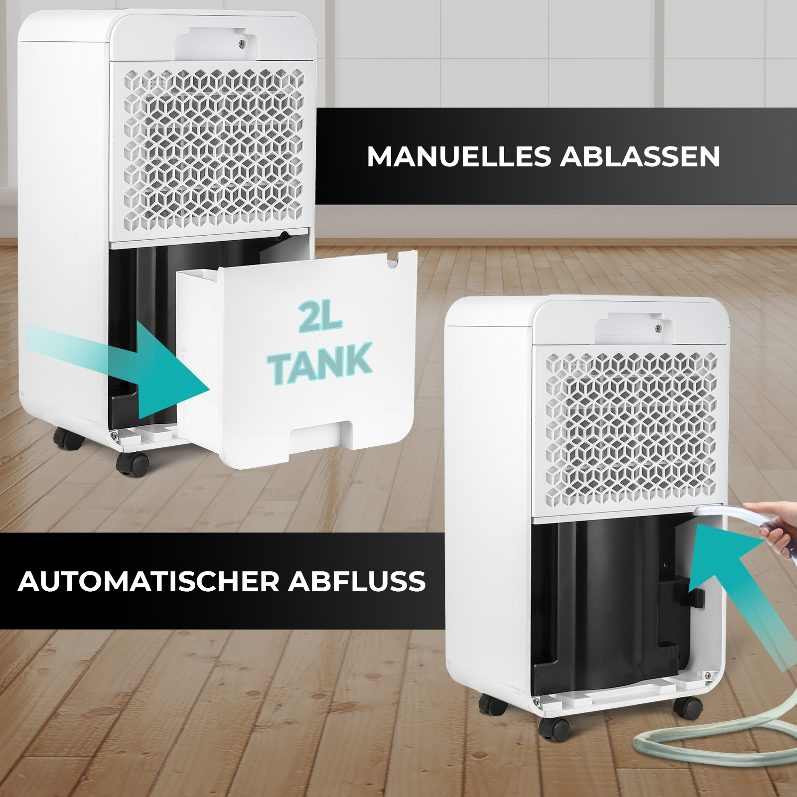 Zwei weiße Luftentfeuchter mit Etiketten und Pfeilen, die den 2L-Tank und den automatischen Ablauf anzeigen.