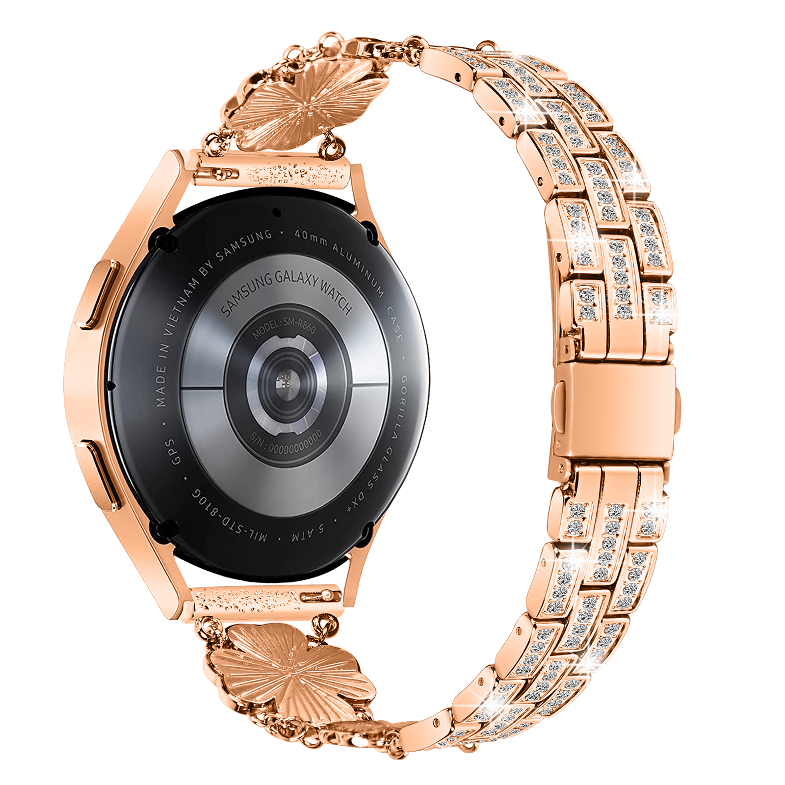 Eine roségoldene Smartwatch mit diamantbesetztem Armband, von hinten betrachtet.