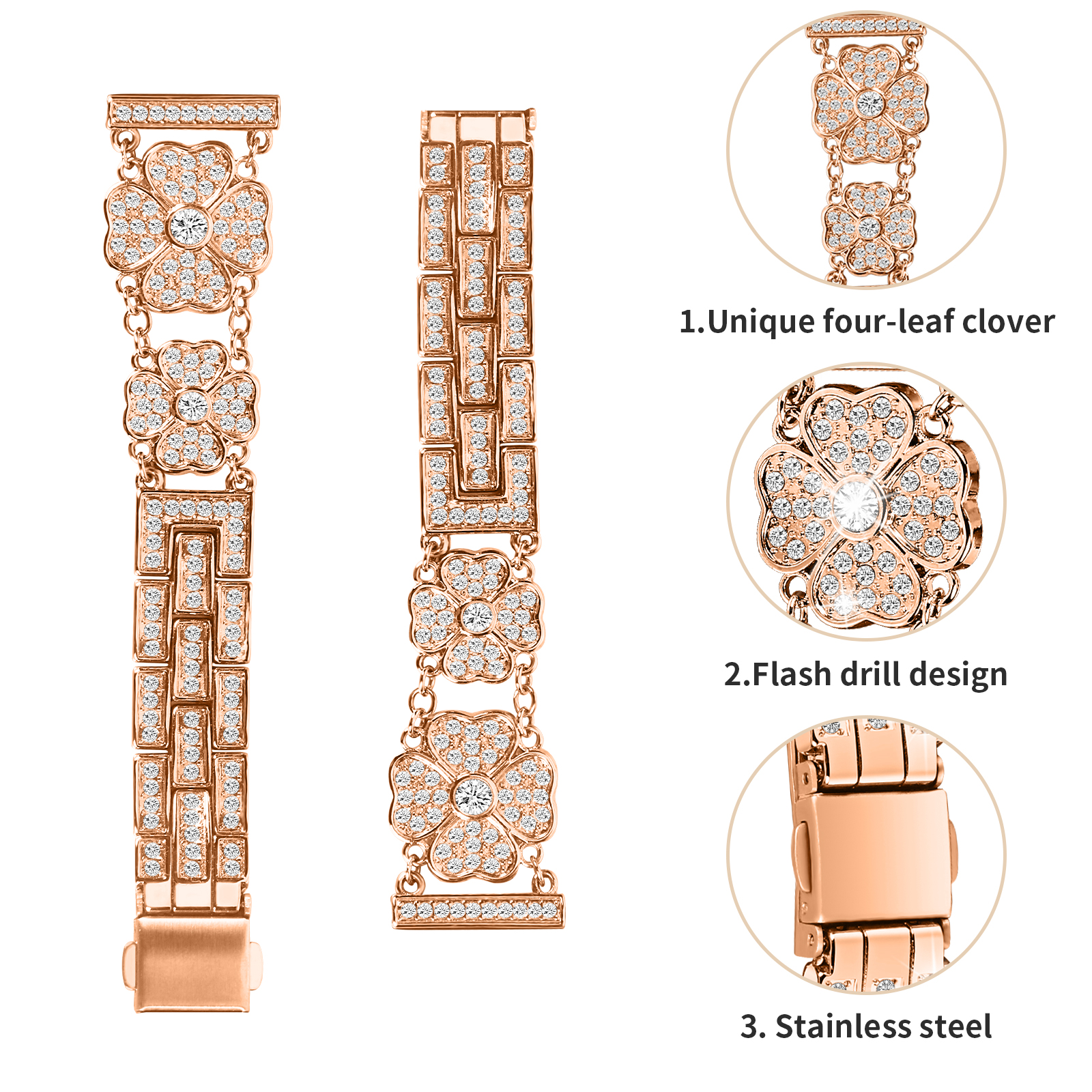 Roségoldenes Uhrenarmband mit floralem Design und Diamantakzenten, mit Nahaufnahmen.