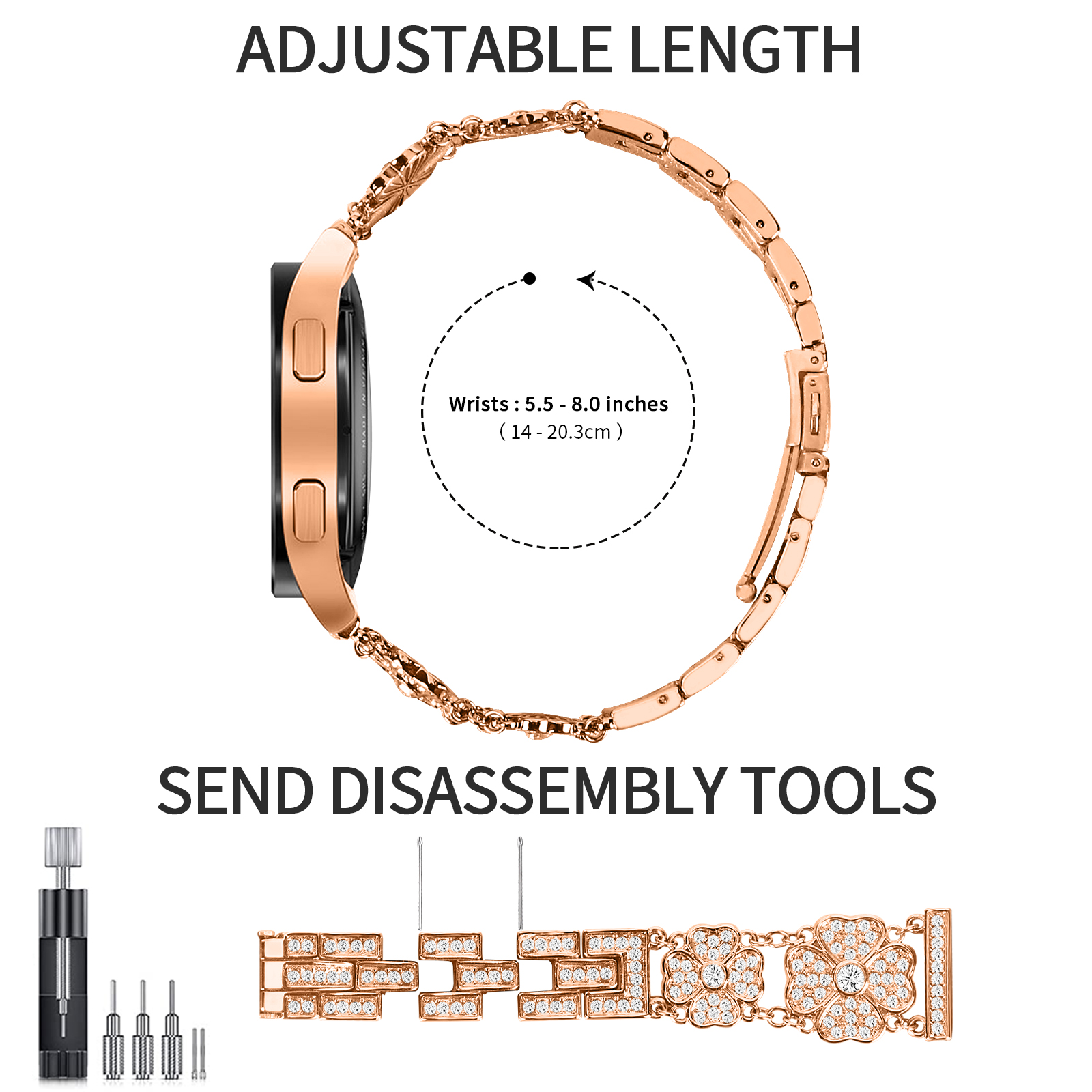 Roségoldenes Uhrenarmband mit einer Uhr links. Werkzeuge und ein zerlegter Abschnitt unten.