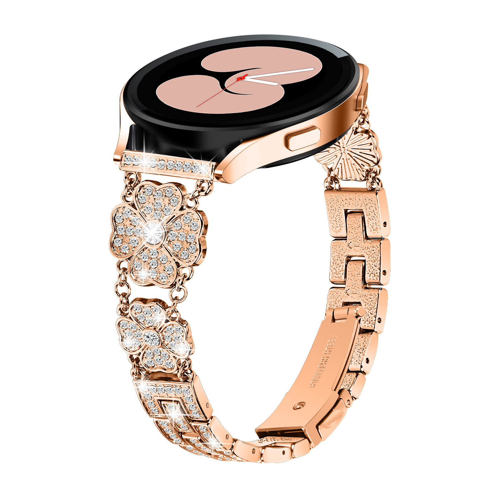 Roségoldene Smartwatch mit dekorativem Armband, floralem Design.