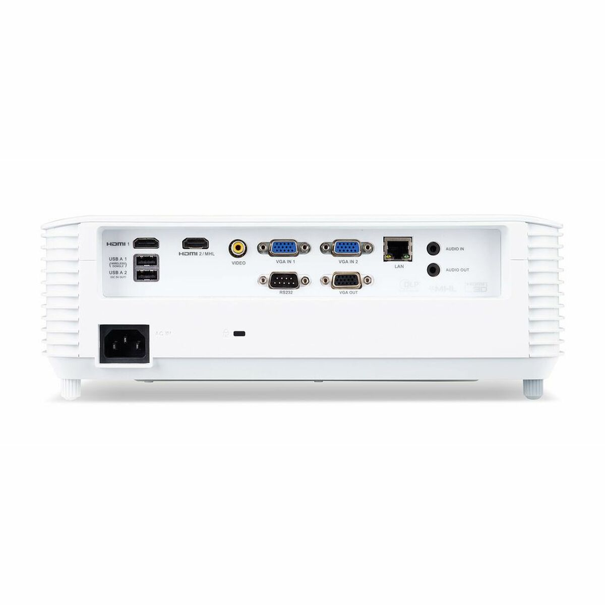 La parte trasera de un proyector blanco. Múltiples puertos son visibles para varias conexiones, incluyendo HDMI y LAN.