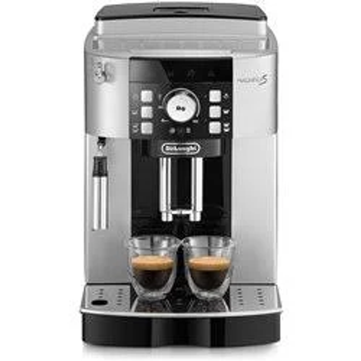 Srebrno-czarny ekspres do kawy DeLonghi z dwoma szklankami kawy na dole.