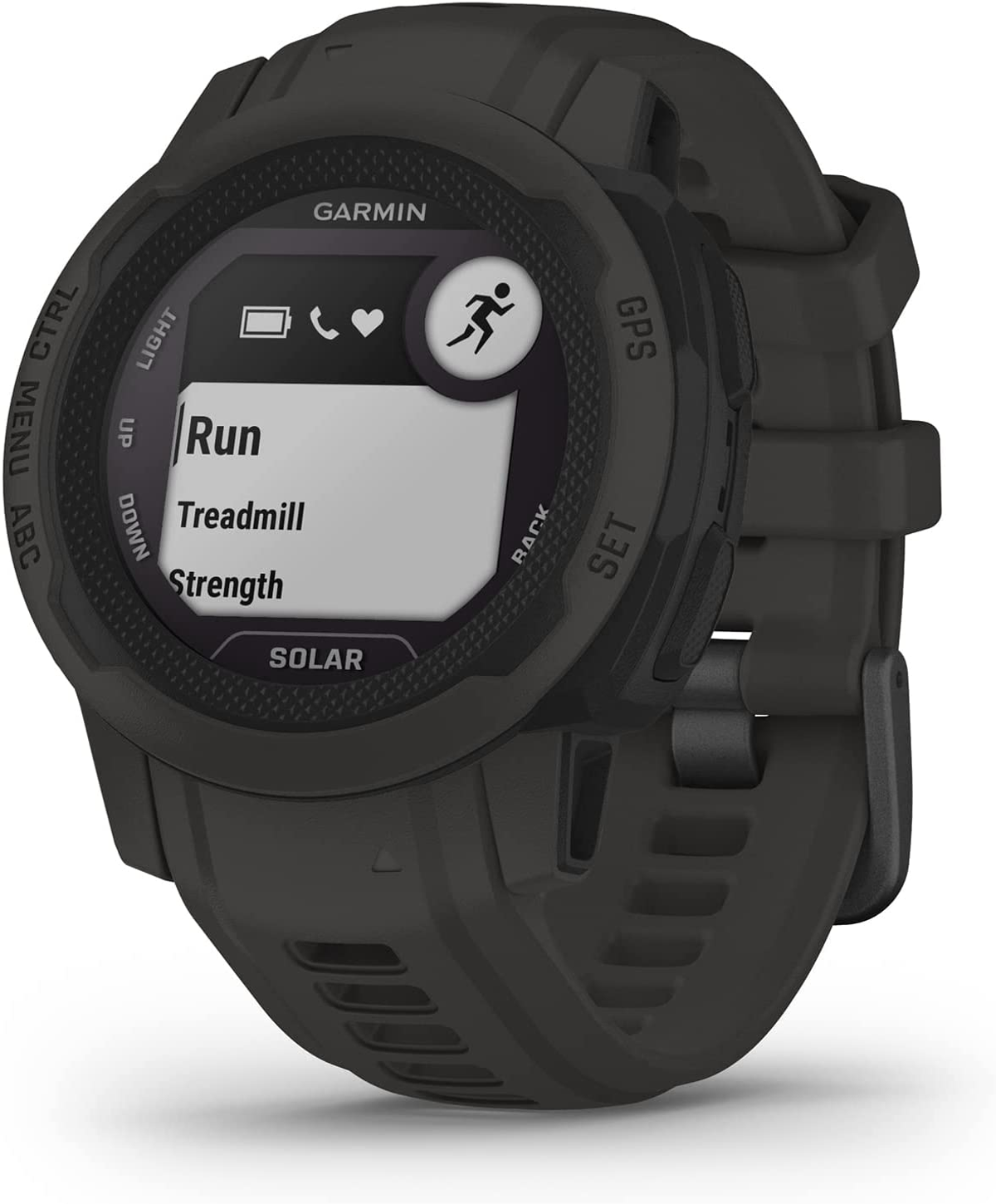 Ciemnoszary smartwatch Garmin. Wyświetlacz pokazuje 'Run', 'Treadmill', 'Strength'. Czarny pasek.