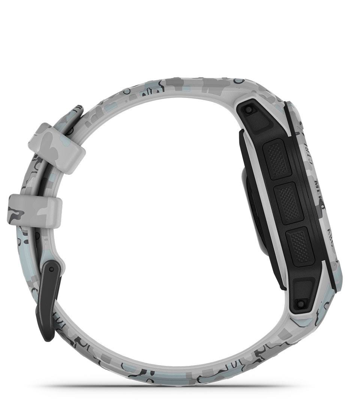 Widok z boku białego i szarego smartwatcha. Pasek jest moro. Czarne przyciski z boku.