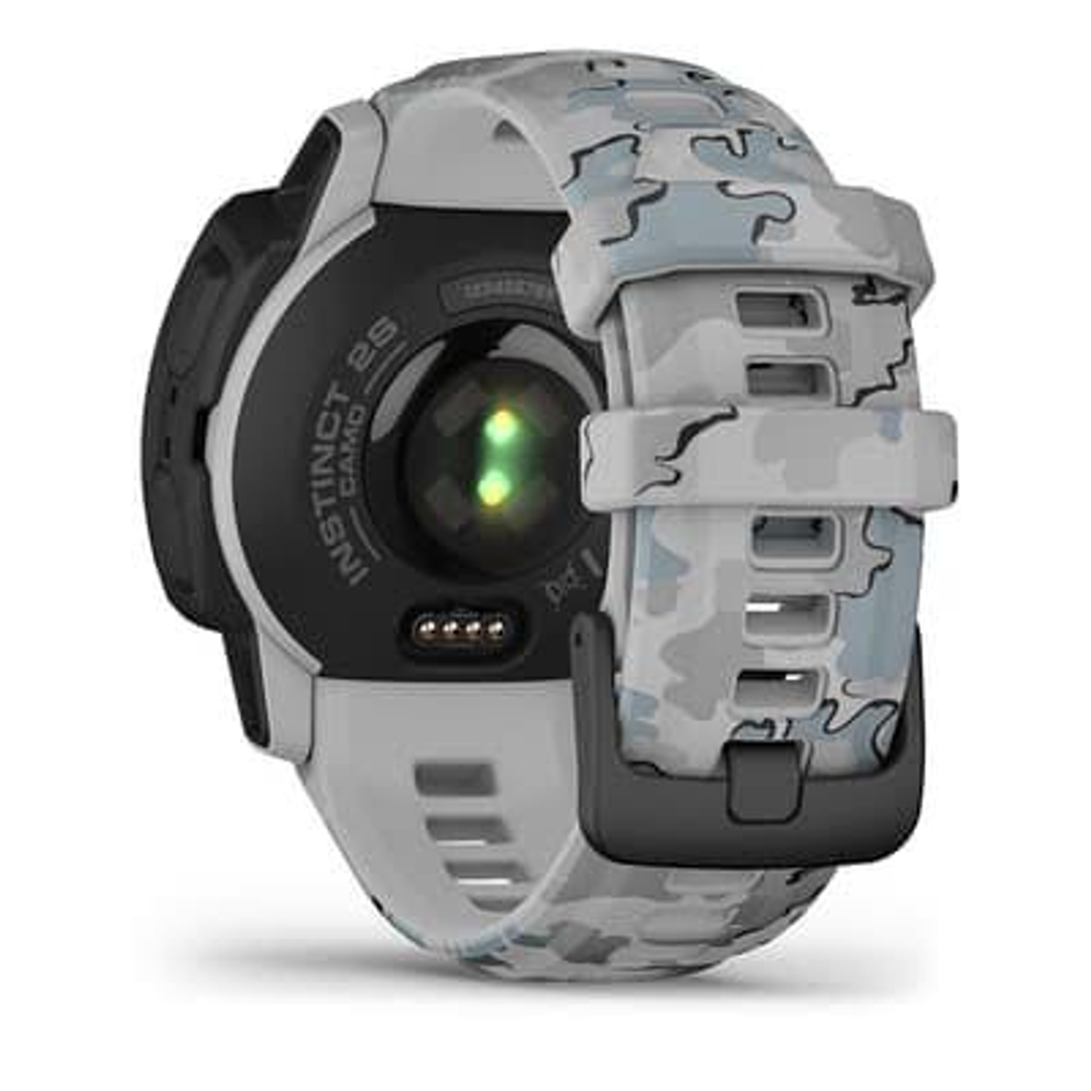 Czarny i szary smartwatch z paskiem moro. Zegarek leży na białej powierzchni.