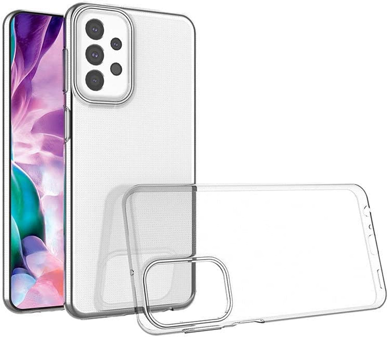 Drei transparente Handyhüllen. Eine ist an einem Telefon, eine andere ist separat, die dritte in der Mitte.