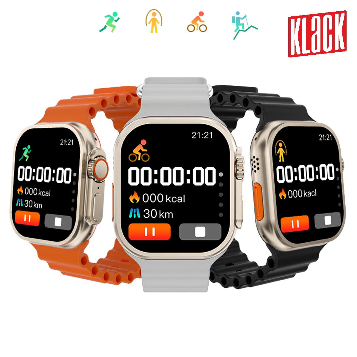 Smartwatches en naranja, blanco y negro, con funciones de seguimiento de fitness, fondo blanco.