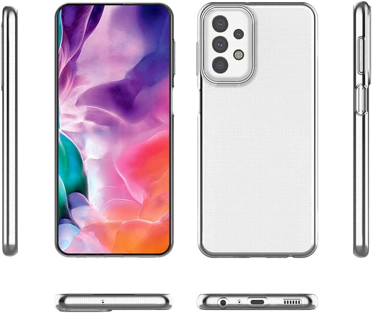 Ein Smartphone mit einer transparenten Hülle. Das Telefon wird von vorne, hinten und den Seiten betrachtet.