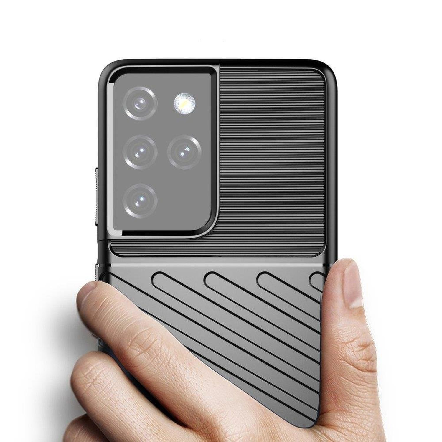 Hand hält eine schwarz-grau gemusterte Telefonhülle.
