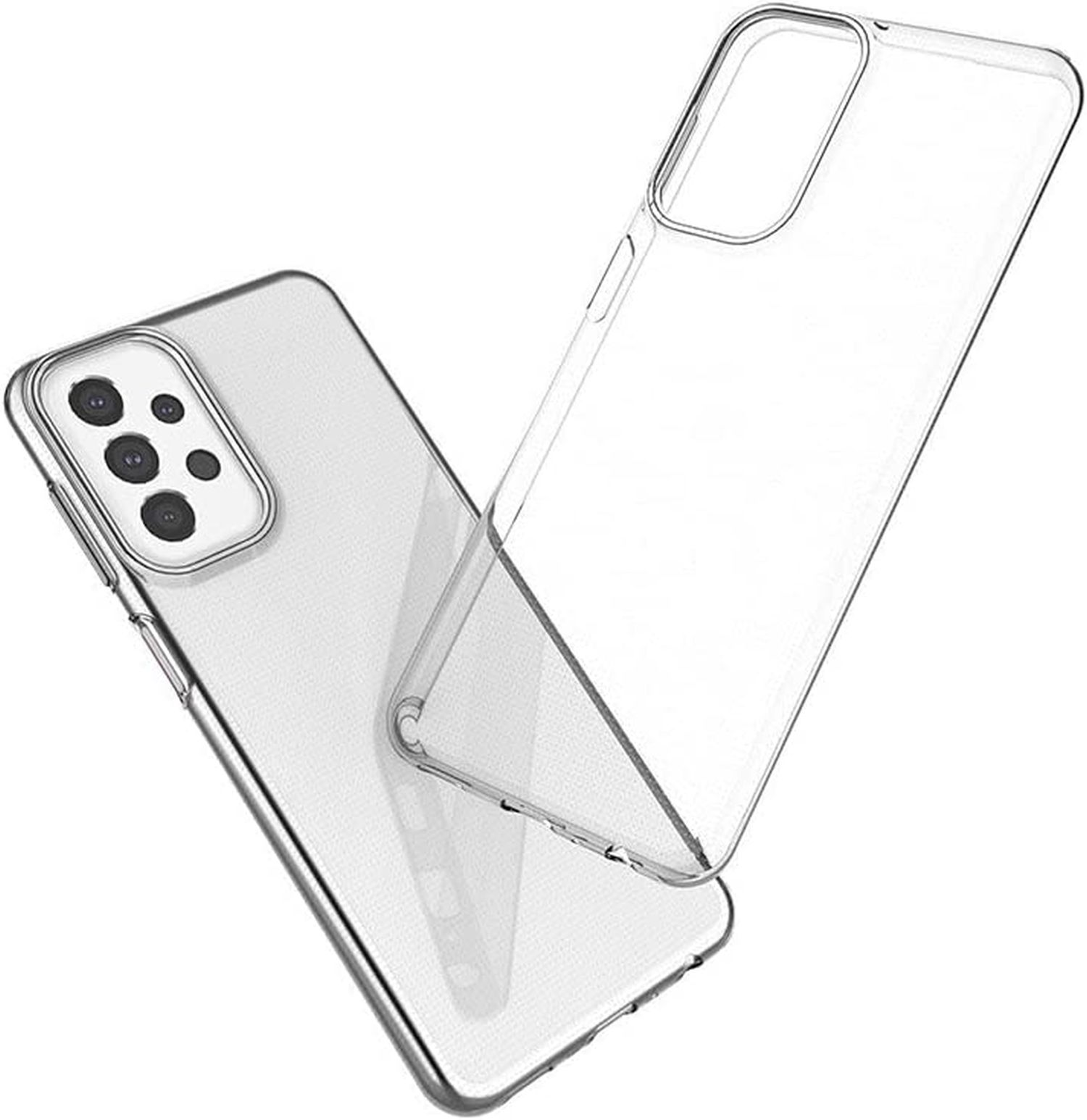 Zwei transparente Handyhüllen, eine auf dem Telefon, eine daneben, vor weißem Hintergrund.