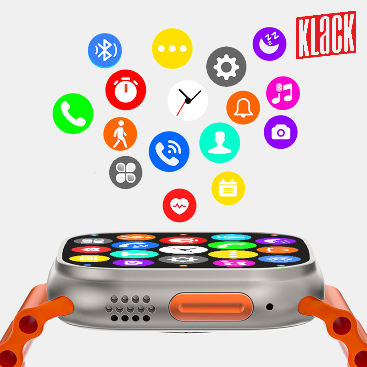 Smartwatch con iconos en la pantalla. Correa naranja. Varios iconos de funciones visibles.